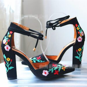 Womens Pumps Shoes Dorsay Ankle Strap Block High Heels Embroidery Flowers