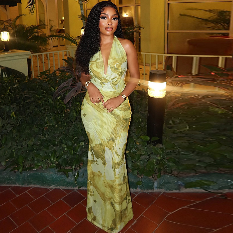 Women’s Fashion Printed Backless Elegant Dress