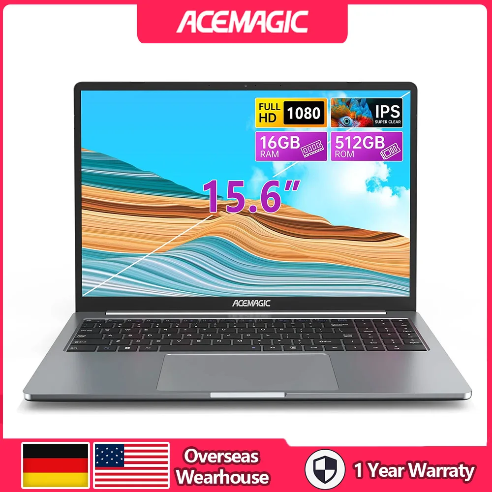 ACEMAGIC 15.6″ Ultra Slim Laptop 16GB RAM 512GB SSD Intel N97 Notebook Gamer 1920*1080 Display Office Study Computer Windows 11