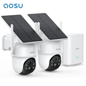 AOSU 3MP Solar Camera System 2 Cam Kit Wireless Cam System Surveillance Wifi PTZ Camera Set with Home Base Support Alex
