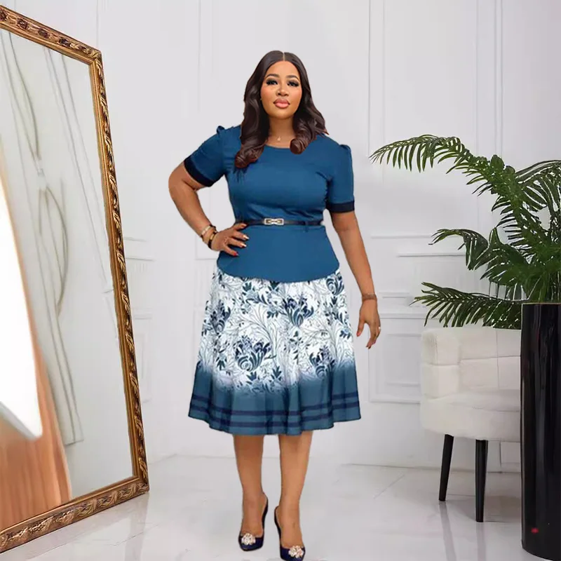 Aliexpress’s popular African women’s plus-size round-neck long-sleeved commuter print pleat dress with belt