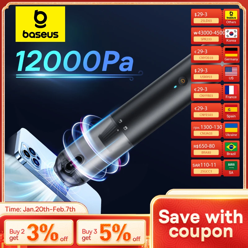 Baseus 4in1 12000Pa Wireless Car Vacuum Cleaner Mini Air Blower & Compressor Portable Powerful Automotive Vacuum Cleaner for Car