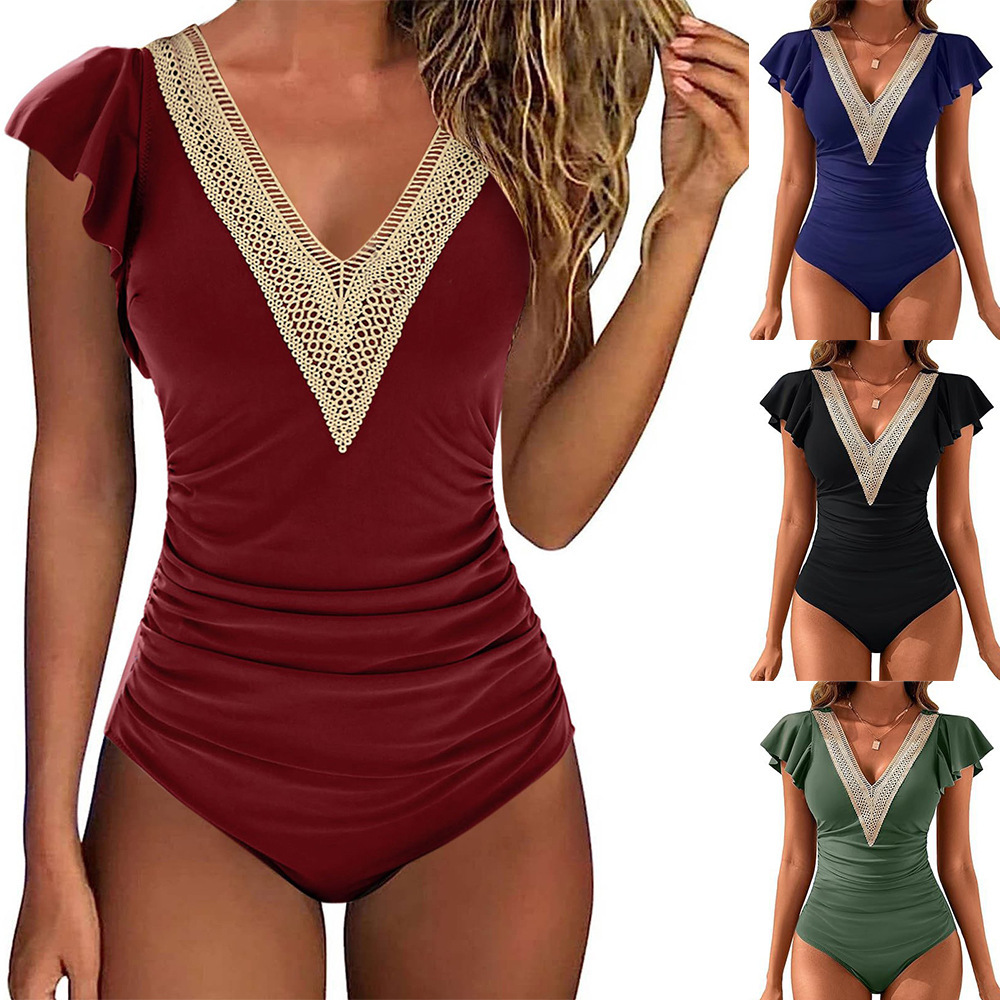 Women’s solid colored flying sleeve one-piece swimsuit, simple and sexy fashionable swimsuit, bikini