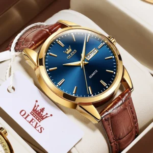 OLVES Top Brand Men's Watches Original Simple Blue Face Quartz Wristwatch for Man Waterproof Leather Strap Business Watch Casual