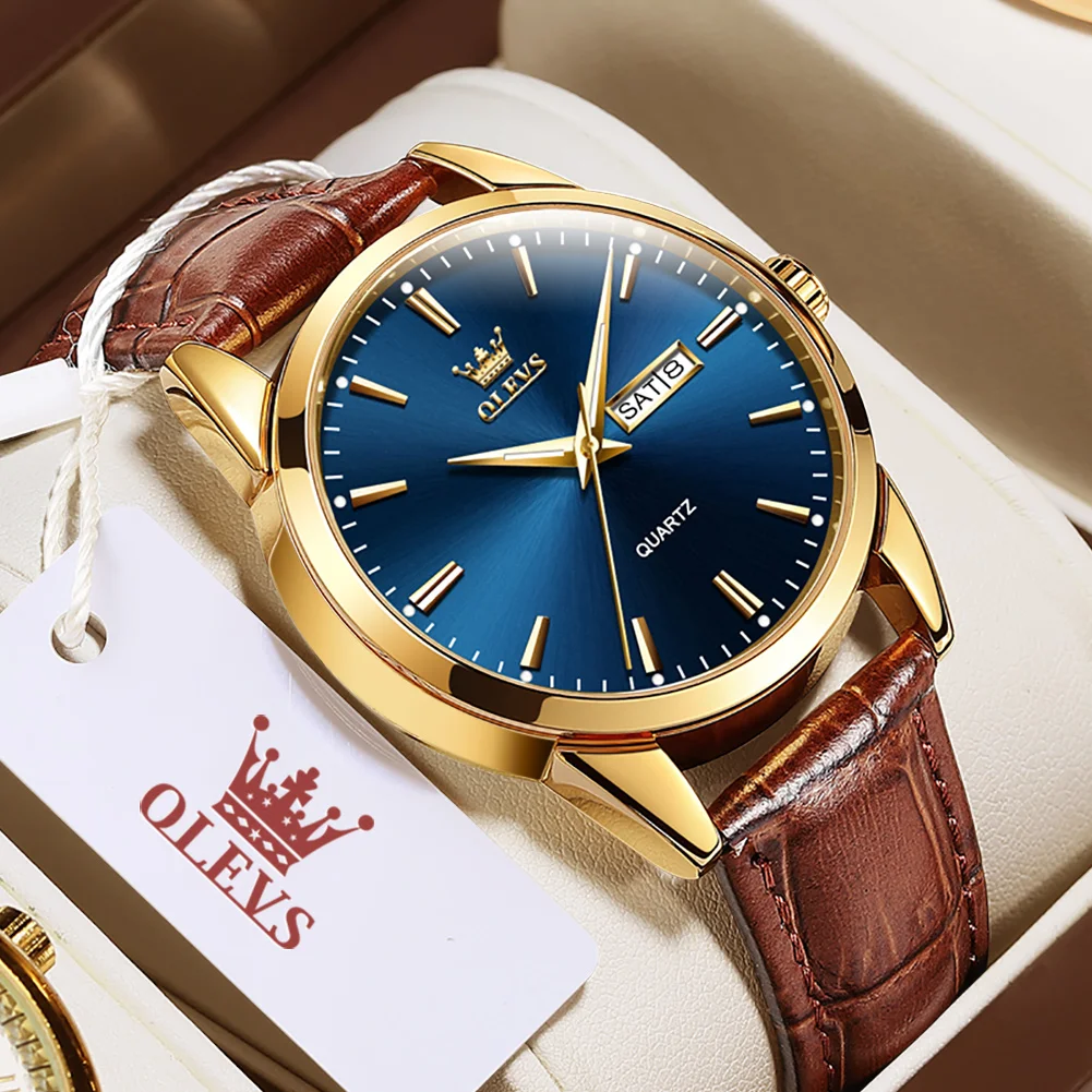 OLVES Top Brand Men’s Watches Original Simple Blue Face Quartz Wristwatch for Man Waterproof Leather Strap Business Watch Casual