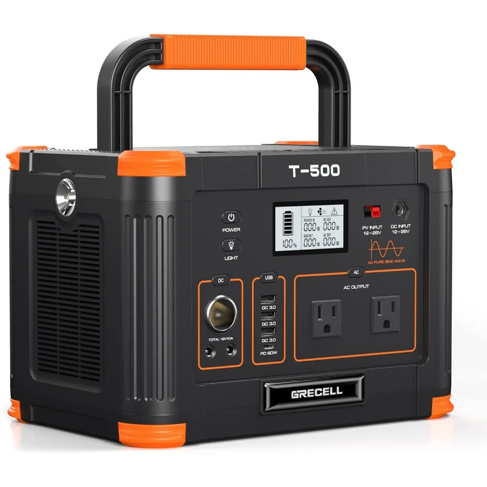 Portable Power Station 500W(Peak 1000W), 519Wh Outdoor Solar Generator Backup Battery Pack with 2 110V AC Outlets, 500W 10-Port