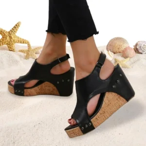 Rivet Wedge Sandals Rivet Boho PU Leather Open Toe Wedge Heel Sandals Wedge Sandals For Women Rubber Bottom Summer Sandals