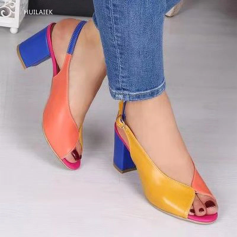 7.5CM Sandals Women Summer New Comfortable Elegant Patchwork Adjustable Buckle Chunky Heel Peep Toe Shoes Dress Pumps Size 10.5