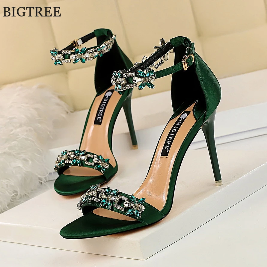 Soft Silk Open Toe Women Sandals 2025 Summer Luxury Crystal Ankle Buckle High Heels Shoes Bride Party Lady Green Red Black Pumps