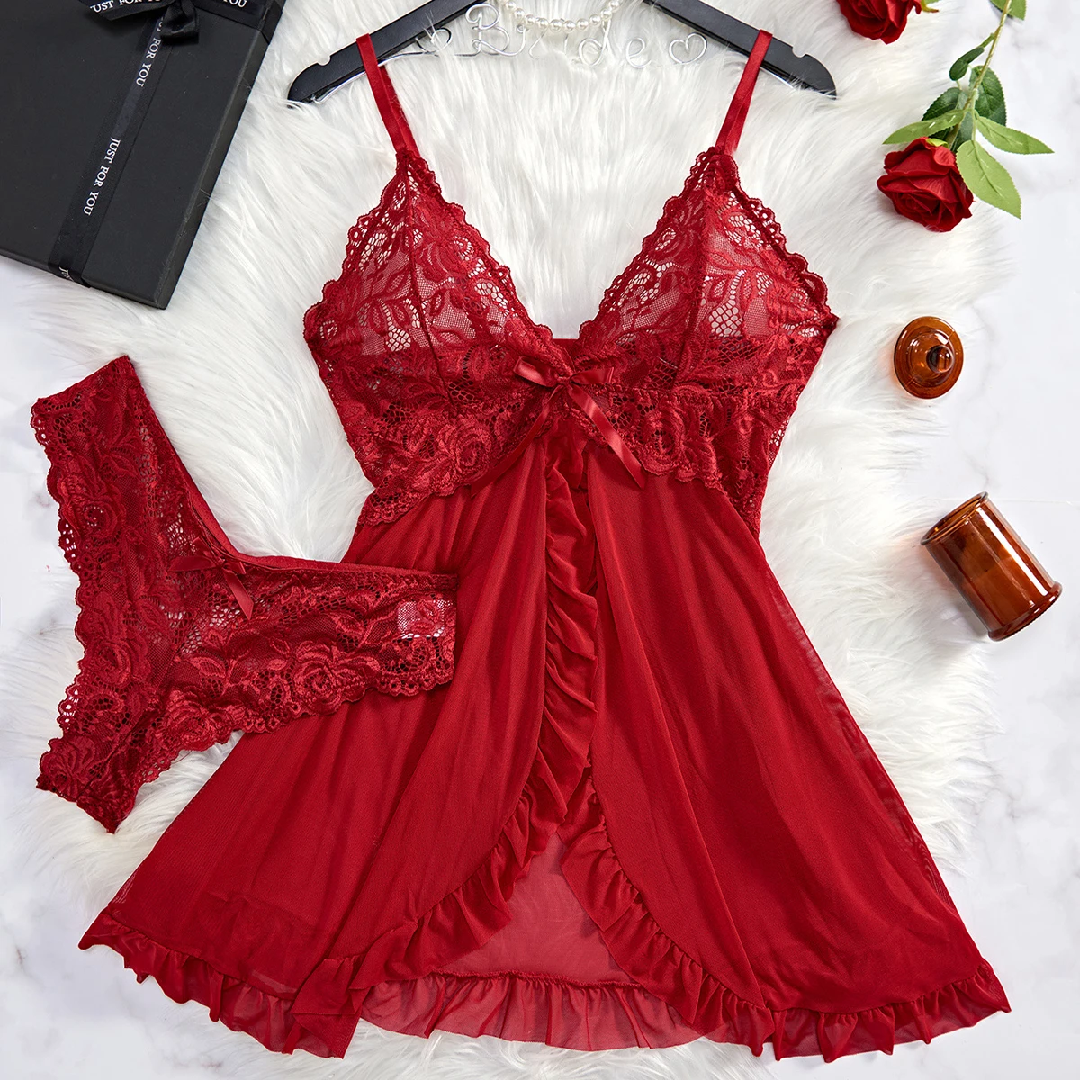 Transparent Red Sexy Lingerie Women’s Underwear See Through Sleepwear Lace Nightdress And Panty Pijamas Sets Female Sexy Nighty