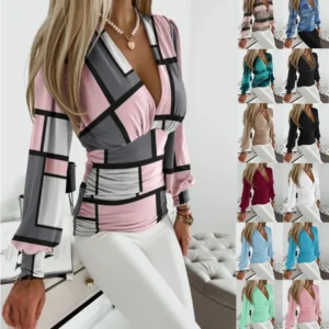Women Elegant Plaid Geometry Chiffon Blouses New Spring Casual Long Sleeve V Neck Party Shirts Office Lady Fashion Tops 2025