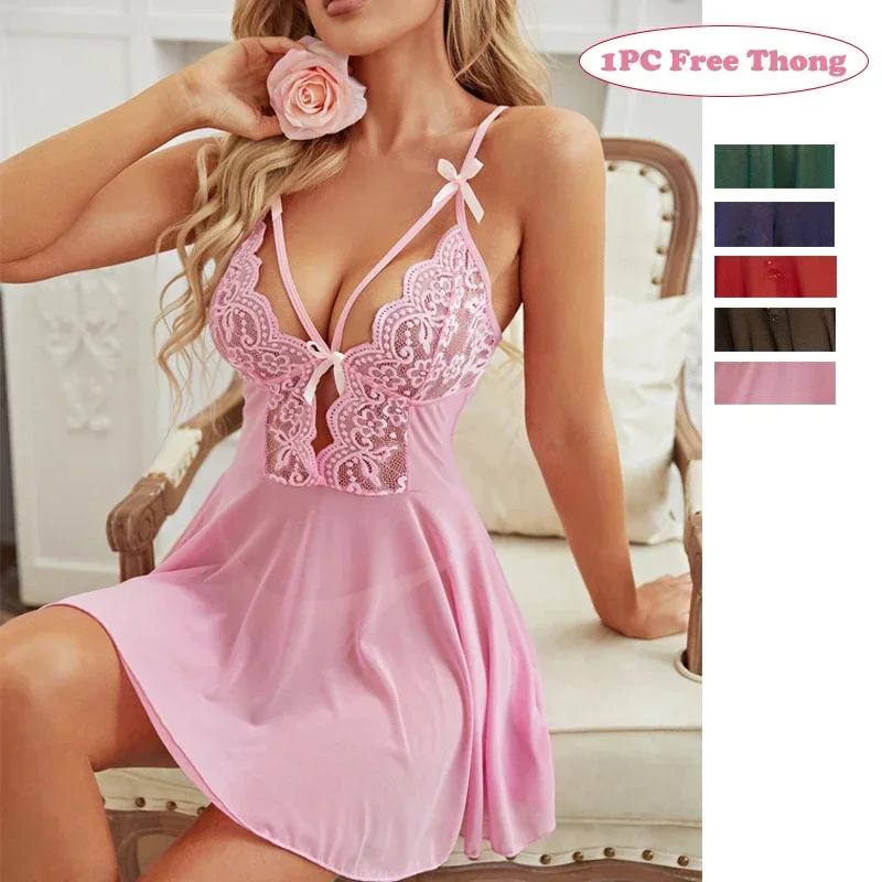 Women’s Sexy Lace Nightdress Women’s Bow Lingerie Pajamas Set Babydoll Costumes Erotic Hot Dresses Exotic Pajamas Sex Sleepwear
