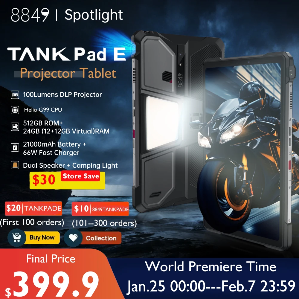 8849 TANK PAD E Unihertz Rugged Projector Tablet Smartphone 10.95 inch 120Hz 24GB 512GB 21000mAh 32MP+50MP 66W Phone Tablet