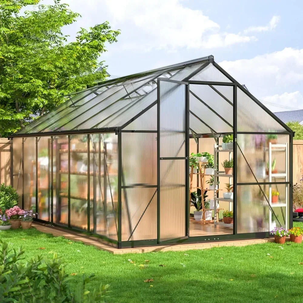 8×12 FT Greenhouse for Outdoors, Quick Setup Polycarbonate Greenhouse with Roof Vent, Aluminum Large Walk-in Greenhouse