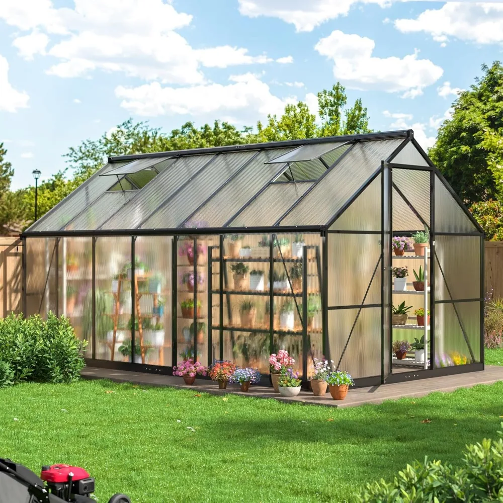 8×14 FT Greenhouse for Outdoors, Quick Setup Polycarbonate GreenhouseS with Roof Vent, Aluminum Large Walk-in Greenhouse