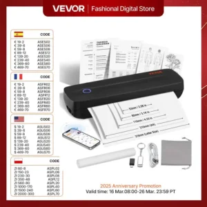 VEVOR Portable Bluetooth Inkless Mobile Thermal Printer for A4 A5 11-2600mAh Battery Compatible with Mutiple Systems Home Office
