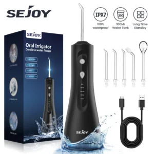 Sejoy Water Flosser Cordless Oral Irrigator for Teeth Cleaning Denture Brushes for Home Travel 5 Dental Tips IPX7 Portable