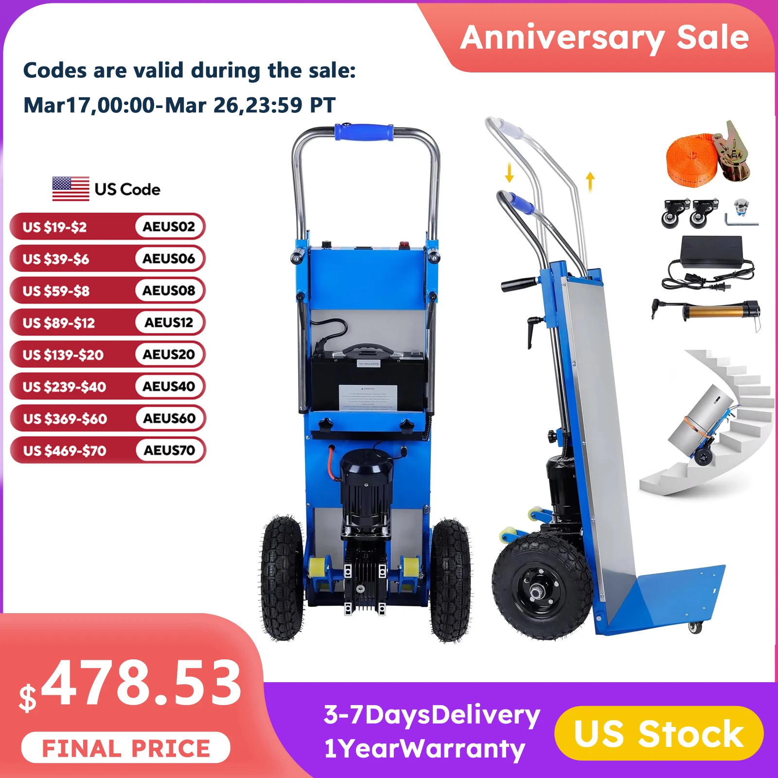 Powered Stair Climbing Hand Trucks Dolly Cart, 880lbs max Load Capacity Stair Climbing Dolly, 1200W Heavy-Duty Trolley Cart