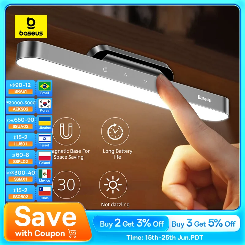Baseus Night Light Hanging Magnetic LED Table Lamp Stepless Dimming Desk Lamp Rechargeable For Cabinet Bedroom Kitchen Light