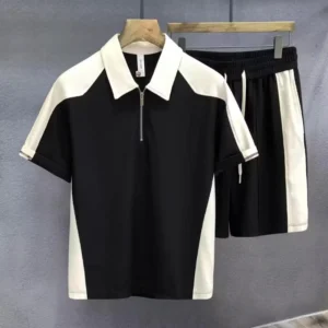 Men's Clothing American Style Summer Trendy Color Block Collared Polo Shirt Short Sleeve Sport Shorts Versatile Casual Two-Piece