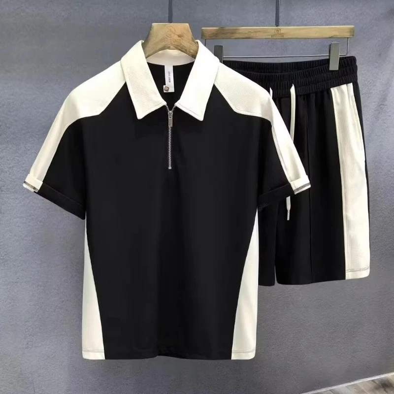 Men’s Clothing American Style Summer Trendy Color Block Collared Polo Shirt Short Sleeve Sport Shorts Versatile Casual Two-Piece