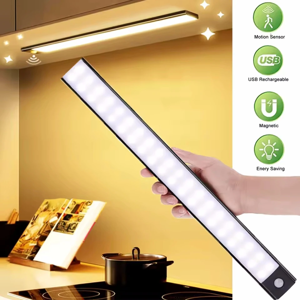 LED Night Light 20/30/40/50CM Motion Sensor Wireless USB Cabinet Night Light Wardrobe Lamp For Kitchen Cabinet Bedroom Wardrobe