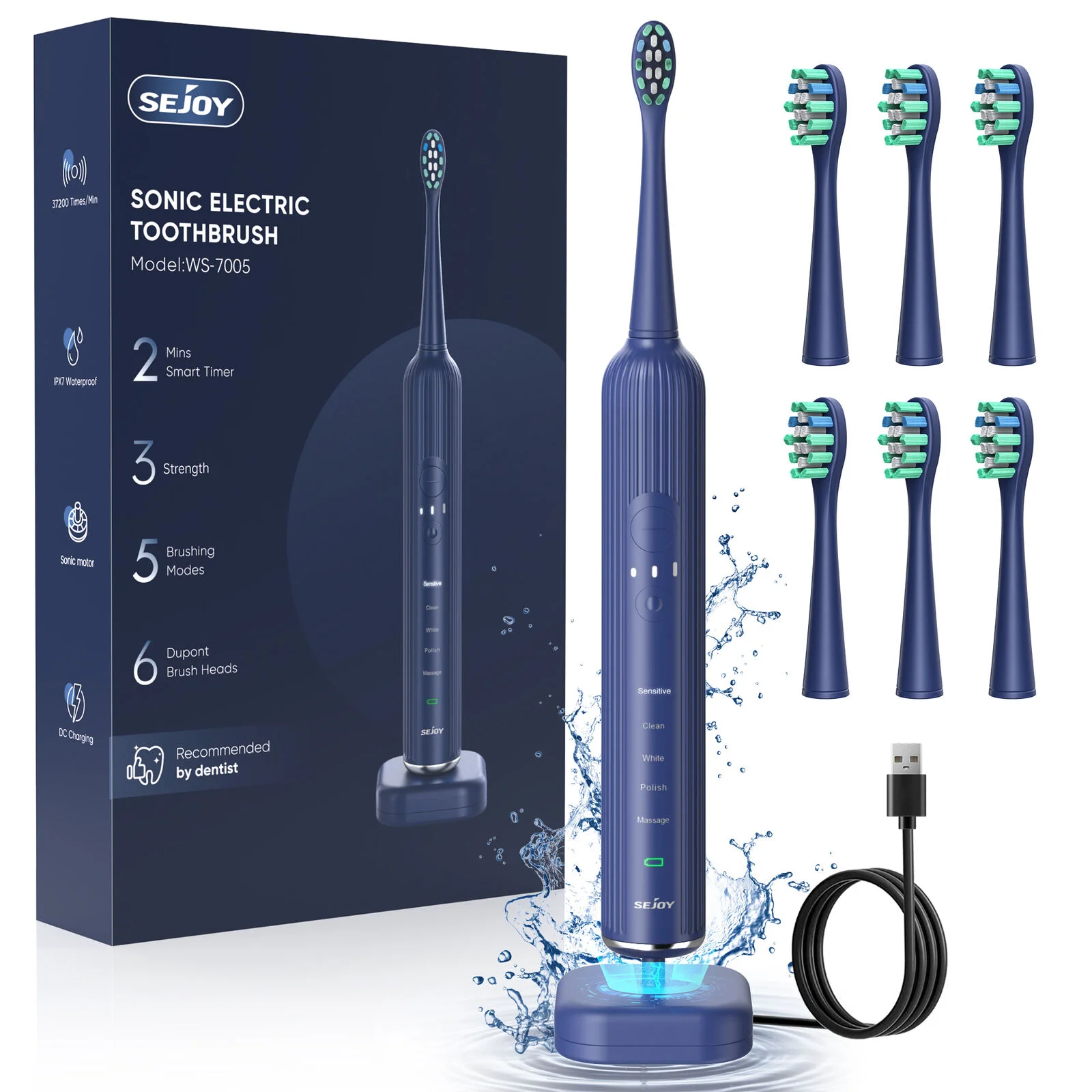 Sejoy Sonic Toothbrush Rechargeable  Ultra Whitening Electric Toothbrush 8 Brush Heads Wireless Charging 5 Modes Smart Timer