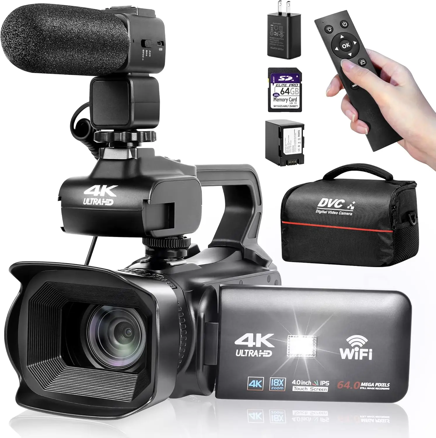 UHD 4k Video Camera Camcorder with 18X Digital Zoom,64MP Digital Camera Recorder,4.0-inch Rotating Touchscreen,64GB SD Card,Micr