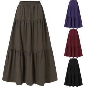 Women´s Casual Long Skirts, Solid Color Pleated Big Hem Elastic Waist Loose Fit Skirts, Simple Style Bottoms