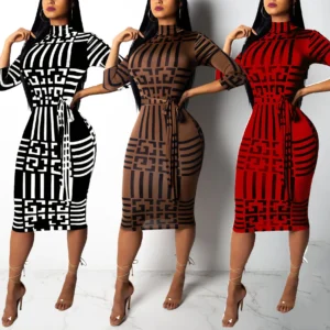 Fashion Women Spring Fall Elegant Dress Long Sleeve Sexy Mini Bandage Dresses Letter Print Midi Dress