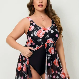 Women’s large-size one-piece swimming suit with floral print, net-like semi-transparent skirt style, one-piece swimsuit, beach s