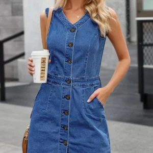 Women’s Summer Sleeveless V-Neck Single Breasted Fringed Hem Denim Dress, Comfortable Fit, Women’s Summer Clothing