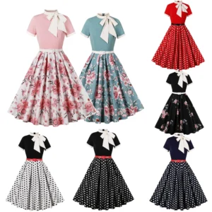 Women Vintage Rose Flower Dots Dress Retro Elegant V-Neck Office Cocktail Tea Party 1950s Swing Dress Summer Dress Short Sleeves