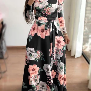 Women's Slim Dresses Casual Long Sleeve Round Neck Flower Printed Dress Strap Floor-Length Long Skirt Women's Clothing