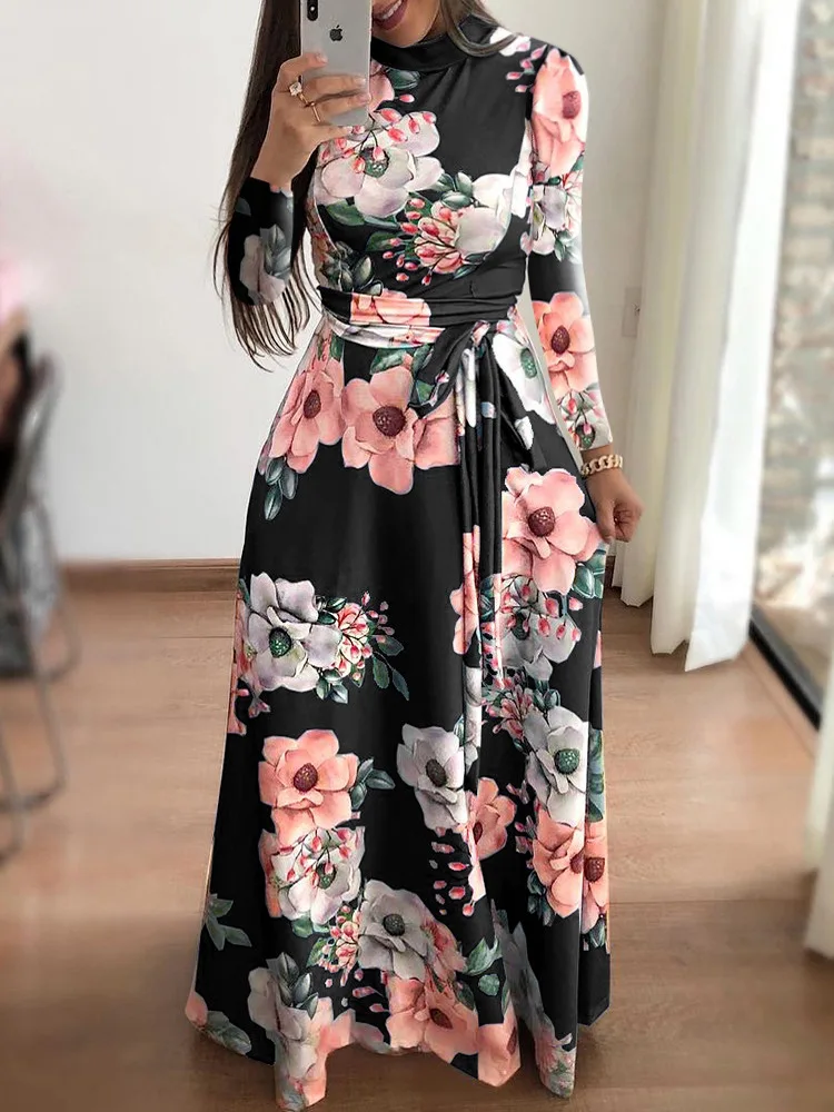 Women’s Slim Dresses Casual Long Sleeve Round Neck Flower Printed Dress Strap Floor-Length Long Skirt Women’s Clothing