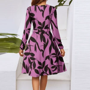 Women'S Fashion Casual V-Neck Long Sleeve Waist Floral Print Midi Dress Vestidos Para Mujer Female Dress Y2k Traf Roupas Feminin