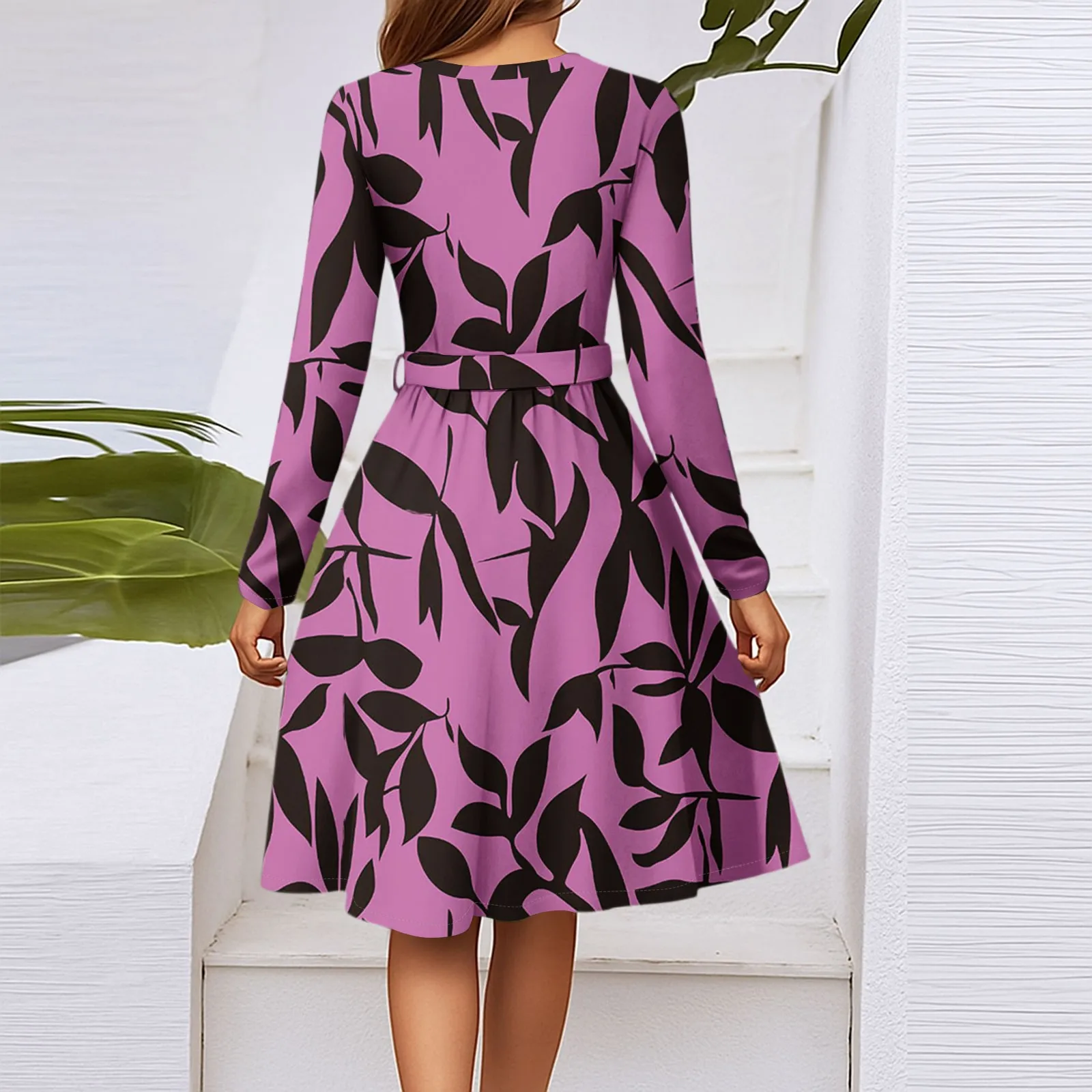 Women’S Fashion Casual V-Neck Long Sleeve Waist Floral Print Midi Dress Vestidos Para Mujer Female Dress Y2k Traf Roupas Feminin