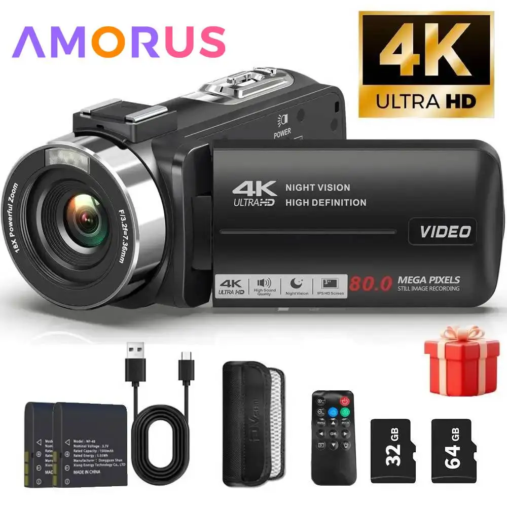 4K Video Camera Camcorder Ultra 80MP Digital Camera Vlogging Camera for YouTube 3.0″ IPS 270° Screen IR Night Vision Handheld DV
