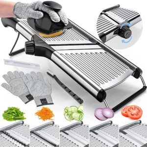 Mandolin Slicer, Suitable for Slicing Potatoes, Tomatoes, Carrots, Vegetables, Fruits, And Onions – Made of Stainless Steel – Comes with One Protective Glove