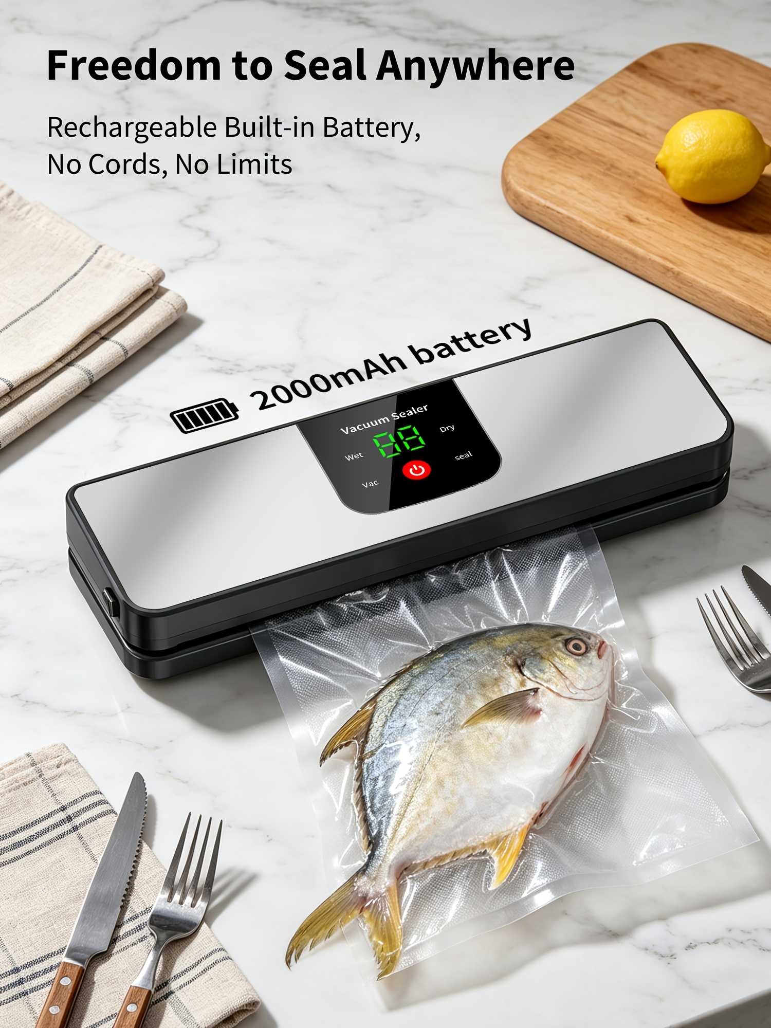 Vacuum Sealer Machine, Fully Automatic Rechargeable Food Vacuum Sealer With 2000mAh Battery And 10 Vacuum Bags, Cordless Dry & Moist Food Sealer For Home Kitchen, Meal Prep, Camping And Picnics